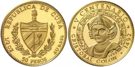 900 EUR Cuba 1990 . 50 pesos Proof . V Centenario ­ Cristóbal Colón. Acuñación de 250 ejemplares. Rara. ORO 999 15,55 g  